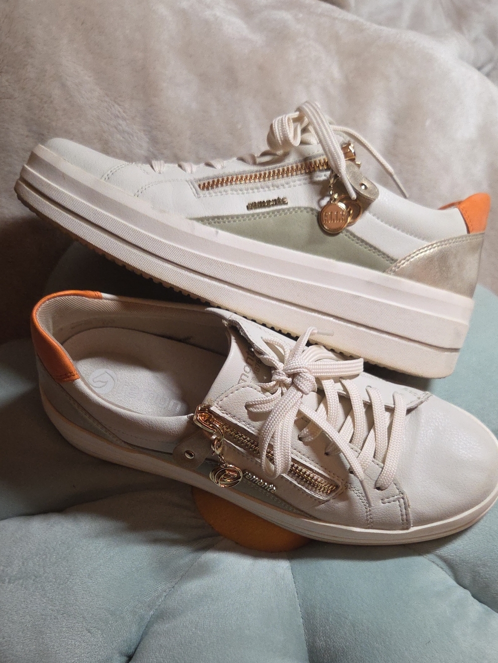 Remonte Julika Cream Platform Sneakers with Orange Heel Accent